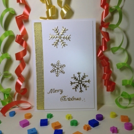 Handmade Christmas Card - Decorated With Glittering Die Cut Snowflakes & Golden Ribbon