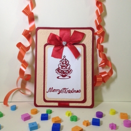 Handmade Christmas Card - Decorated With Sparkly Bells & Red Ribbon