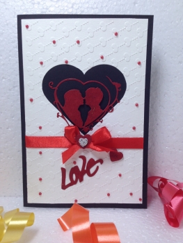 Luxury Handmade Valentine Day Card - Decorated With Die Cut Human Figure, Fine Beads and Red Ribbon