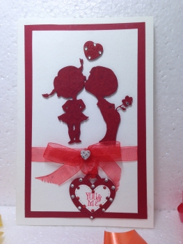 Luxury Handmade Valentine Day Card - YOU & ME - Decorated With Die Cut Kissing Figure & Glittering Red Ribbon