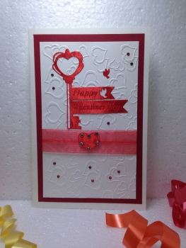 Luxury Handmade Valentine Day Card - Decorated With Glittering Die Cut Love Key & Red Ribbon