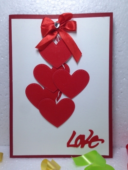 Handmade Valentine Day Card - Decorated With Glittering Die Cut Hearts & Glossy Red Ribbon