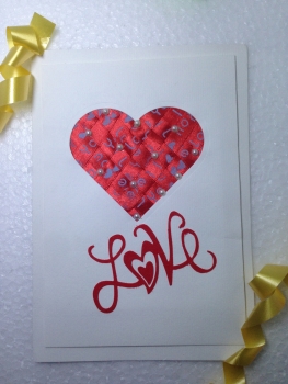 Luxury Handmade Valentine Day Card - Crafted With Beautiful Woven Glossy Red Lace in Heart Shape & Beads