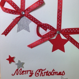 Handmade Christmas Card - Sparkly Glitter Stars  & Red Ribbon