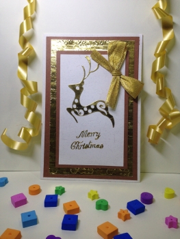 Luxury Handmade Christmas Card - Decorated With Golden Ribbon & Glittering Die Cut Reindeer